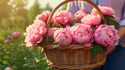 Fototapeta na wymiar Wooden basket with hyper realistic beautiful king size pink blossoming peony flowers in the hands of a farmer created with Generative Ai