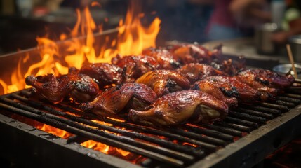 Grilled chicken on the grill with flames and smoke, closeup