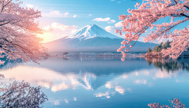 Spring Equinox Day Japan Mountain Mt Fuji In Sun Shine With Sakura Blossoms And Lake Reflecting Clear Blue Sky