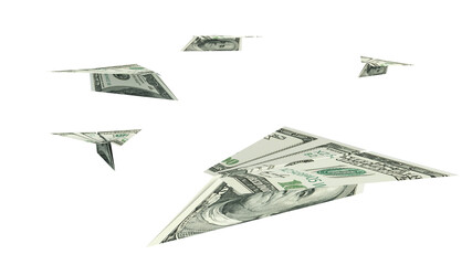 Plane made with dollars. Money folded into the shape of an airplane. 3D render.