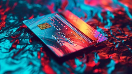 Bank card on vibrant holographic background  - obrazy, fototapety, plakaty