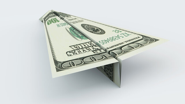 Plane made with dollars. Money folded into the shape of an airplane. 3D render.