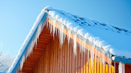 Fototapeta premium Dangerous Icicles Hanging From Wooden House Building Roof With Snow In Winter