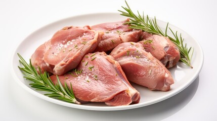 Raw pork chops with rosemary and salt on a white plate