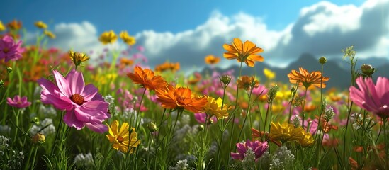 The vibrant flowers are blooming in a beautiful, green setting with an open sky and sun.