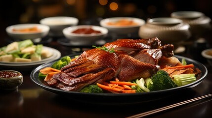Roast duck with vegetables and sauce on a black plate in a restaurant