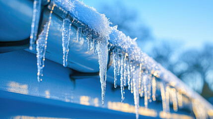 Dangerous Icicles Hanging From Wooden House  Building Roof With Snow In Winter