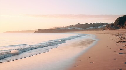 The first light of dawn casting a soft glow over a peaceful beach, with gentle waves caressing the shore.