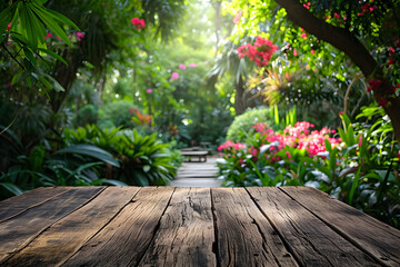 Fototapeta premium Wooden Tabletop Foreground, Background of Blurry Botanical Garden