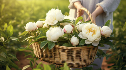 Wooden basket with hyper realistic beautiful king size white blossoming peony flowers in the hands of a farmer created with Generative Ai