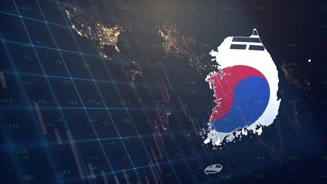 CG Footage of India economic development and financial potential. Against the background of luminous continents, a map of India is highlighted, flooded with flag. Graphs and numerical indicators move