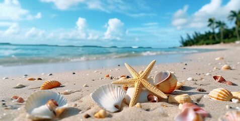Fototapeta na wymiar starfish and seashells on the beach