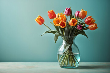 vase with tulips flowers blue backgrounds - obrazy, fototapety, plakaty