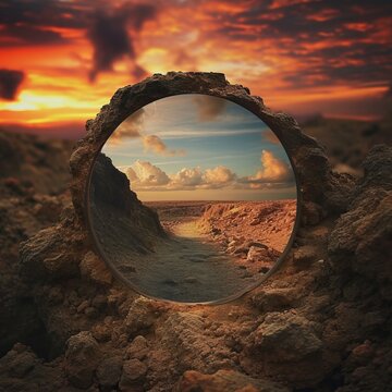 a circular object with a view of a desert landscape
