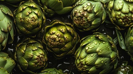 Fototapeta premium Top view full frame of bunch of fresh green artichokes with water drops placed on stall in local market