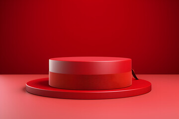 Modern Red Podium for Gift Presentation A modern red podium designed for the presentation of a gift box on a red background. Ideal for Valentine and Christmas. Generative AI,
