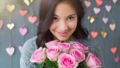  Beautiful young girl with bouquet pink roses in hands and hearts around. Valentine's day concept