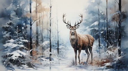 Naklejka na ściany i meble Watercolor deer with winter pine tree forest illustration background