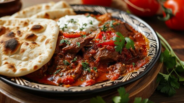 Turkish iskender kebab  meat on kitchen background. Traditional flavors. Doner kebab made from beef and lamb. close up