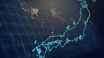CG Geographical map of Japan with its flag on the background of the world map with financial and digital graphs. Graphs and numerical indicators move - Powered by Adobe