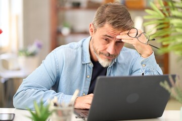 Casual mid adult man with laptop computer at desk in home office, having problem, troubled. Portrait of older gray haired bearded guy thinking. Businessman managing business on internet.   - obrazy, fototapety, plakaty