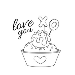 Ice cream. Three scoops in paper cup. Coloring page. Black and white ice cream. Vector