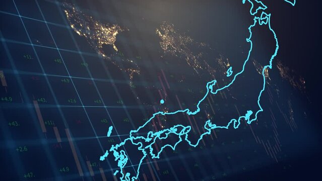 CG Geographical map of Japan with its flag on the background of the world map with financial and digital graphs. Graphs and numerical indicators move
