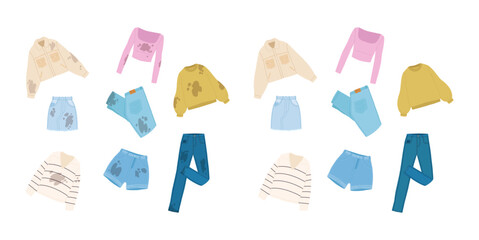 Dirty and clean clothes. Fashion outfits with blobs and dirt stains. Isolated wear before and after laundry, various apparel snugly vector set