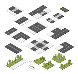 Isometric city streets elements, road modules design. Lawn and park parts, crossroad. Isolated town public zones, map constructor flawless vector set