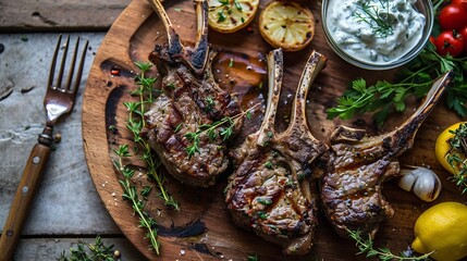 Paidakia, Marinated Greek Lamb Chops with Garlic and Lime on wooden plate.