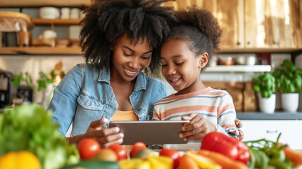 Happy mother with his cute daughter using smart pad for cooking, modern kitchen background