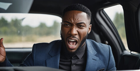 black man shouts indignantly in the back seat of a car - obrazy, fototapety, plakaty