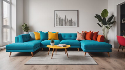 Colorful corner sofa in apartment. Interior design of pop art style colorful living room 