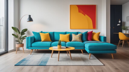 Colorful corner sofa in apartment. Interior design of pop art style colorful living room 