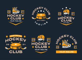 Hockey logo bundles, emblem collections, designs templates. Set of hockey logos vector