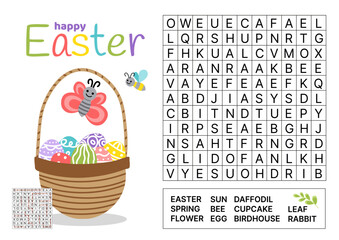 Word search game puzzle for kids. Easter theme. English words. Cartoon, vector