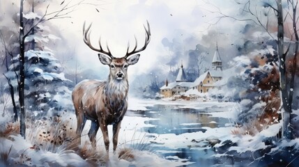 Naklejka na ściany i meble Watercolor deer with winter pine tree forest illustration background