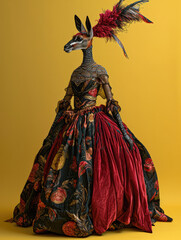 Gazelle-headed model in a flower-patterned ball gown
