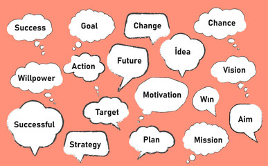 set of speech bubbles with success phrases.Cartoon icons, stickers.