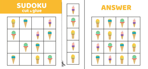 Sudoku with four ice creams in waffle cone. Game puzzle for kids. Cut and glue. Cartoon