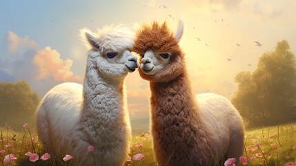 Naklejka premium Hyper realistic two super cute alpacas in love, kissing, green field background created with Generative Ai