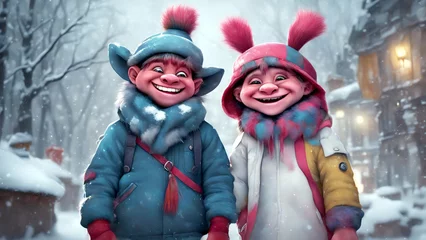 Fotobehang Zwei junge Trolle / Gnome mit warmer Kleidung im Winter. © ludariimago
