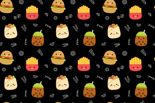 Fast food on black seamless pattern. Squishmallow. Cute fast food. Kawaii, Vector