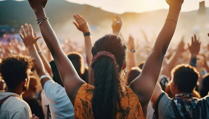 Crowd raising their hands at music concert. Audience enjoying rock, dance, edm and club festival party - obrazy, fototapety, plakaty