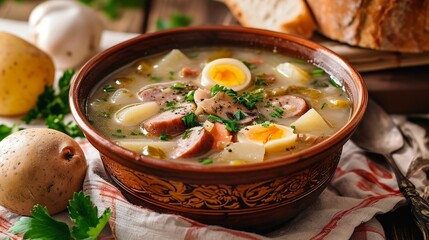 Polish soup zurek with egg and sausage.
