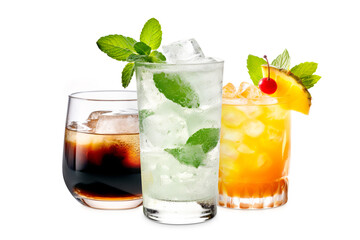 Set and collection of classic alcohol cocktails or mocktail isolated on white background with fresh summer fruits