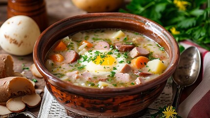 Polish  sour soup zurek with egg and sausage.