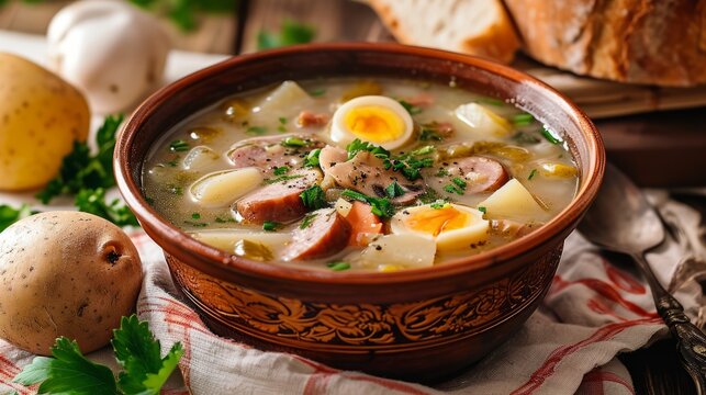 Polish soup zurek with egg and sausage.