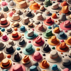 Vibrant 3D background with an array of colorful hats. 3D background with cartoon clay minimalist patterns of hats.