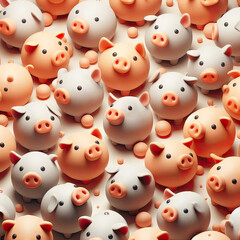 3D background with fill of pig patterns. 3D background with cartoon clay minimalist patterns of pigs.